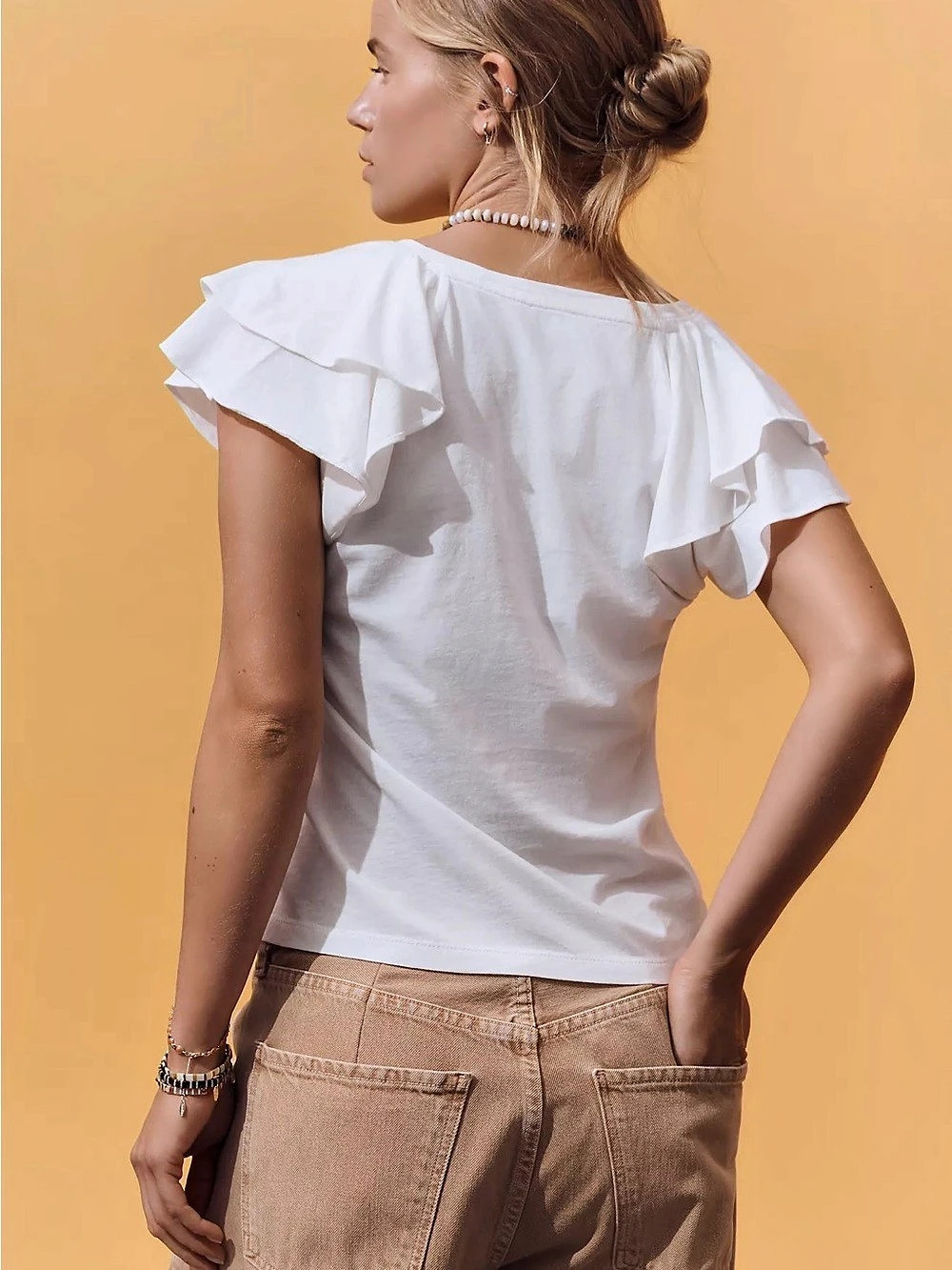 100% Cotton Maeve Scoop-Neck Ruffle-Sleeved Tee White Small - Picture 4 of 5